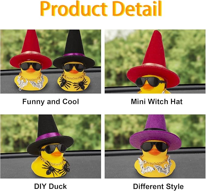 Rubber Duck Car Ornaments Yellow Duck Car Dashboard Decorations with Mini Witch Hat Sunglasses Necklace and Cute Accessories for Party Gifts(H2)