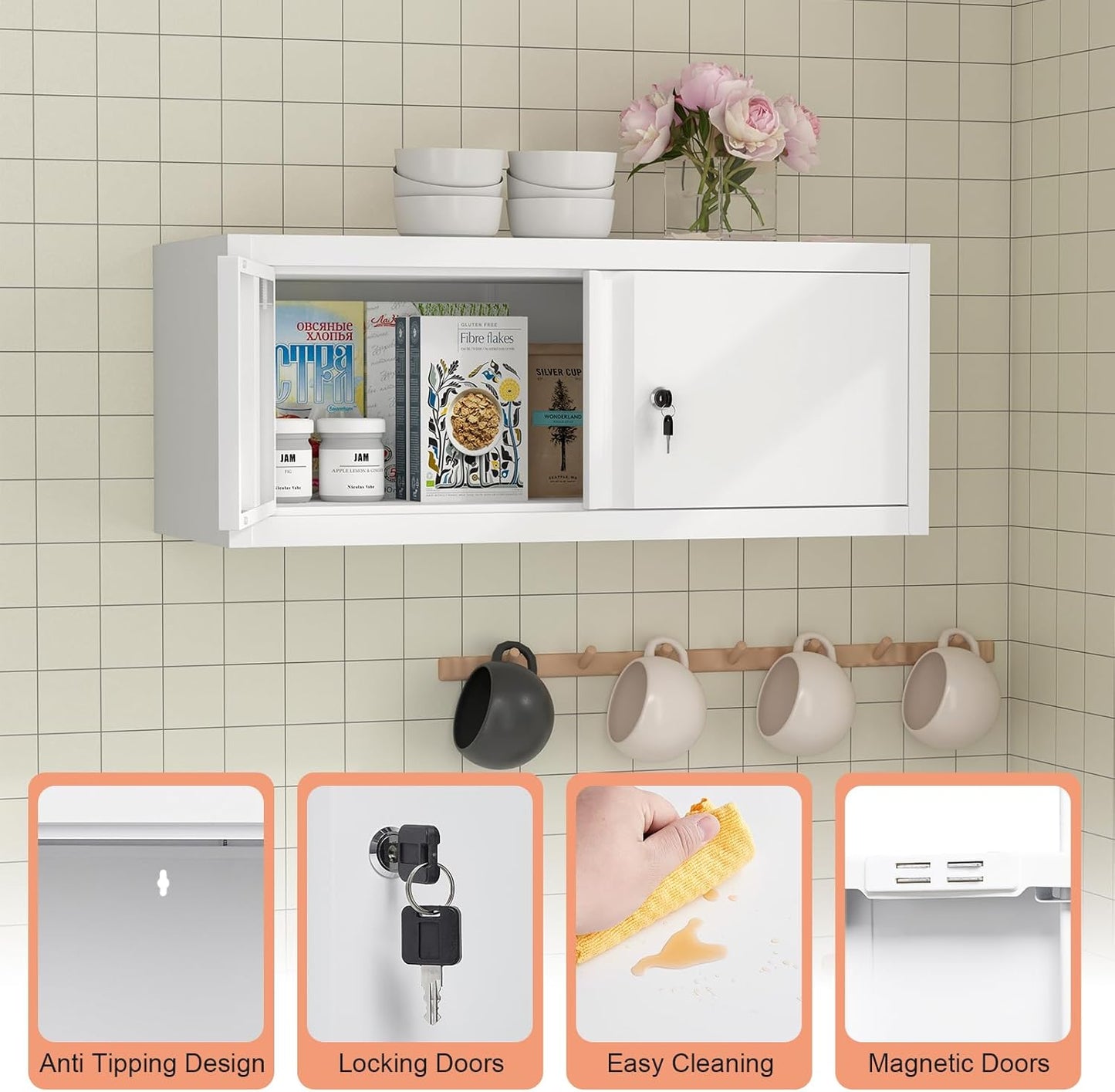 LUCYPAL Metal Storage Cabinet,Garage Wall Mounted Storage Cabinet with Locking Doors,Steel Hanging Cabinets for Home Office,Warehouse,Bathroom,Kitchen,White,12.8''H