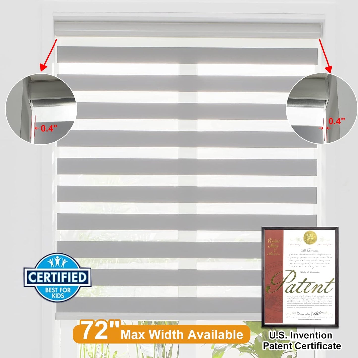 Persilux Cordless Zebra Blinds for Windows Free-Stop Roller Window Shades (70" W X 64" H, Grey) Dual Layer Light Control for Day and Night, Light Filtering Sheer Shades for Home, Easy to Install