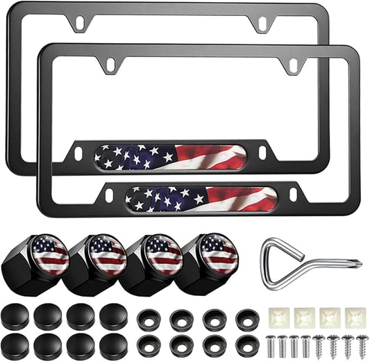 American Flag License Plate Frames - 2 Pack Patriotic Aluminum Metal Flying US Flag Car Tag Plate Frame Holder Covers with 4 Fluttering Flag Car Valve Caps and Screws