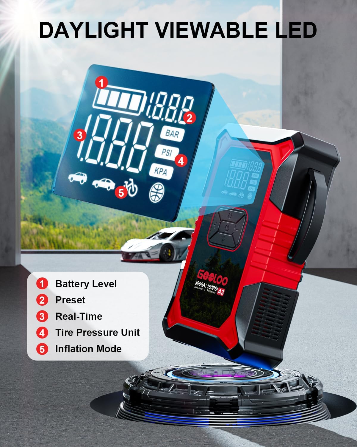GOOLOO A3 Jump Starter with Air Compressor, 3000A Portable Car Battery Booster (9.0 Gas/6.5L Diesel) with 150PSI Auto-Shutoff Tire Inflator, 12V Supersafe Lithium Jump Box Car Battery Jumper Starter