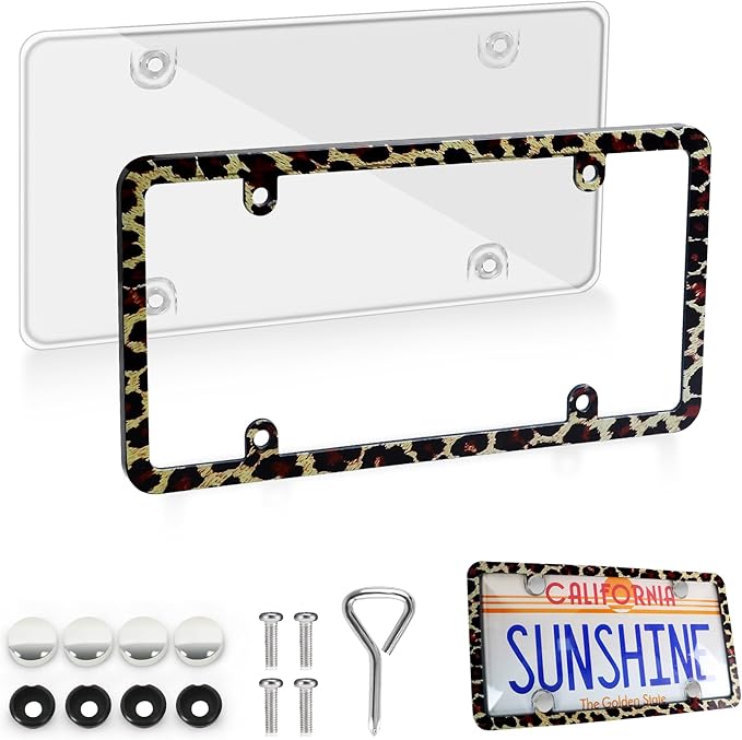 1pcs License Plate Protector Unbreakable License Plate Frames and Covers Set Front and Rear Clear License Plate Cover Leopard Print License Plate Frames Fits Standard Us Plates with Screws Caps