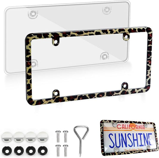 1pcs License Plate Protector Unbreakable License Plate Frames and Covers Set Front and Rear Clear License Plate Cover Leopard Print License Plate Frames Fits Standard Us Plates with Screws Caps