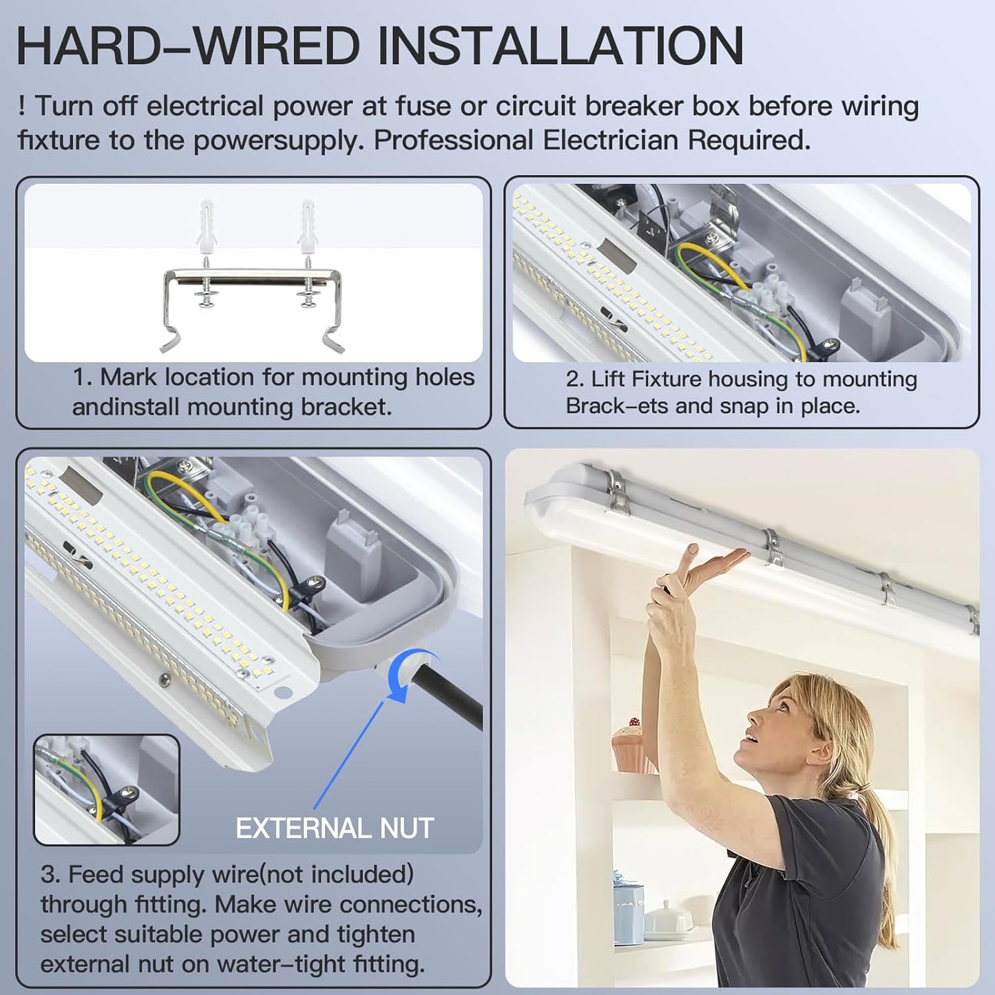 JTT 4FT LED Vapor Tight Light, 60W/50W/40W IP65 Waterproof LED Outdoor Indoor Shop Light 6000K/5000K/4000K CCT, Vapor Proof Fixture for Garage Shop Basement Barn Car-Wash, 4-Pack ETL Listed