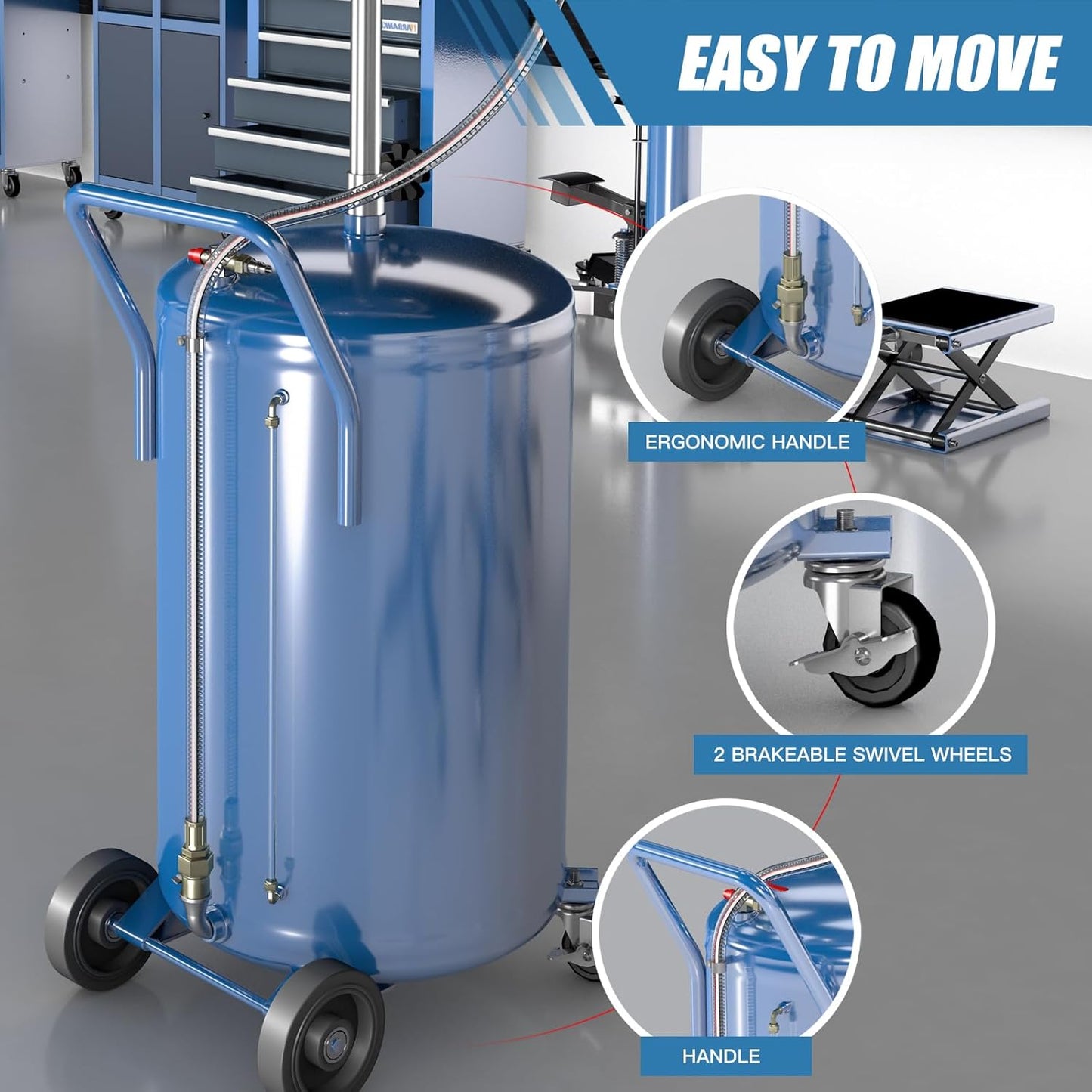 20-Gallon Waste Oil Drain Tank, Portable Air Operated Oil Drains with 360 ° Wheels,Oil Drain Container with Adjustable Funnel Height, Oil Change Container Suitable for Car Repair Shops and Garages