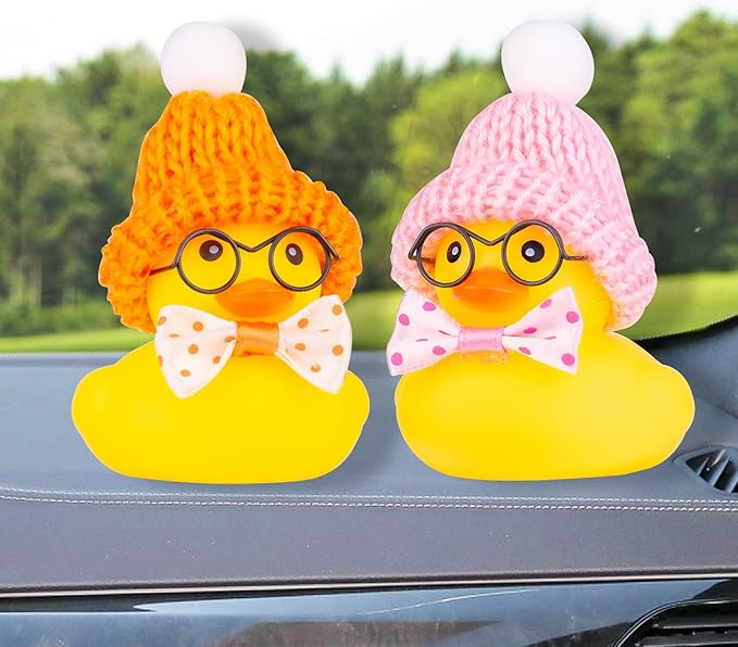 Car Rubber Duck Ornament, Winter Duck Car Dashboard Decoration with Mini Beanie Hat Bow Tie and Glasses(C4)