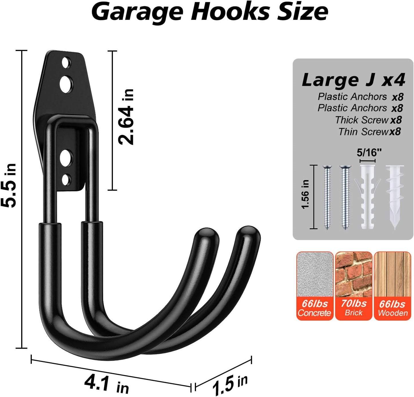 4 Pack 5.5x4.1 inch J Heavy Duty Garage Hooks,Solid Steel Wall Mount Hangers,with Anti-Slip Coating,for Hanging and Organising Ladder,Bike,Ropes,Broom,Garden,Yard and Power Tools