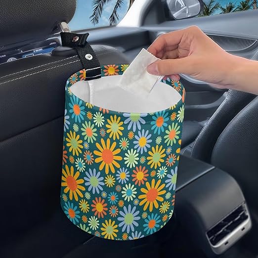 Mushroom Flower Butterfly Moon Car Rubbish Bag Can Reusable Hanging Auto Garbage Organization Can Bin with Adjustable Strap for Camping