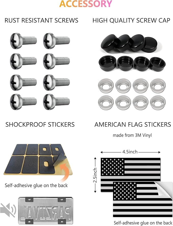 American Flag License Plate Frames - 2 Pack Black Stainless Steel Patriotic USA Car Tag Frame with UV-Printed Flag & 3D Metal Decals