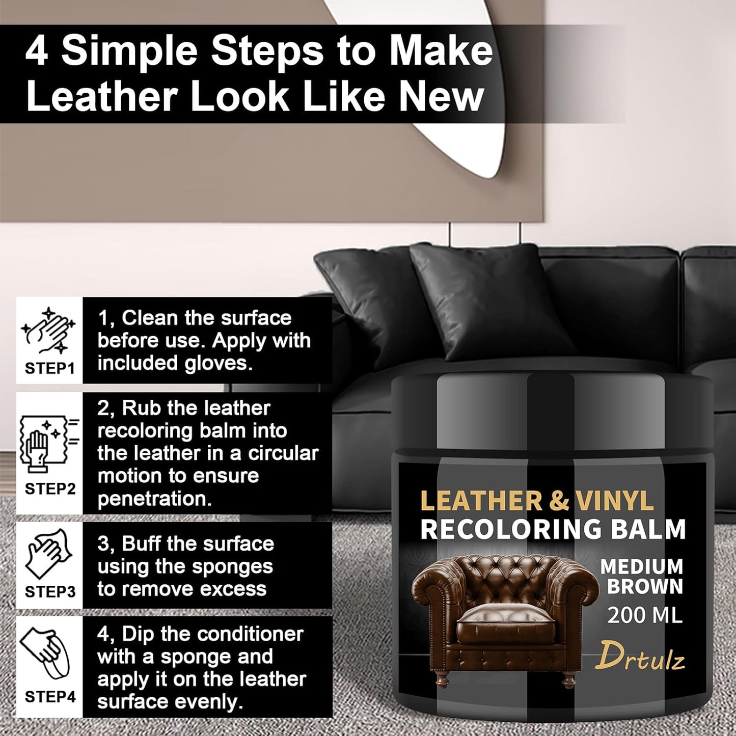 Black Leather Recoloring Balm, Leather Repair Kit for Furniture, Leather Scratch Remover, Leather Color Restorer for Couch, Car Seats, Shoes - Repair Leather Dye for Scratched and Faded Leather