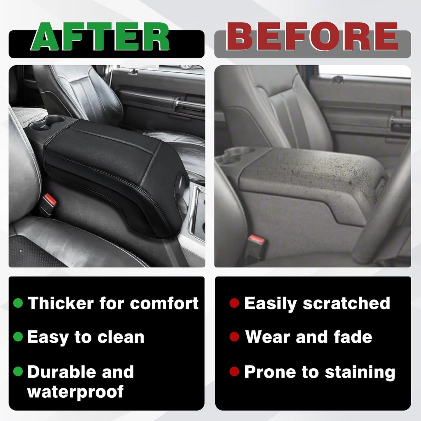 Muslogy Center Console Armrest Cover Compatible with Ford F250 F350 F450 2011-2016 Super Duty Comfort Armrest Pad Arm Rest Cushion Vegan Leather Protector Regular Thick(Bucket Seat ONLY)