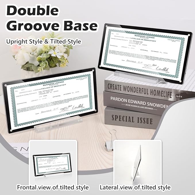 2 Pack 5x10 Business License Frame Magnetic Acrylic Business License Display Frame with Base White Card Paper Black Business License Certificate Holder for Office Desk House