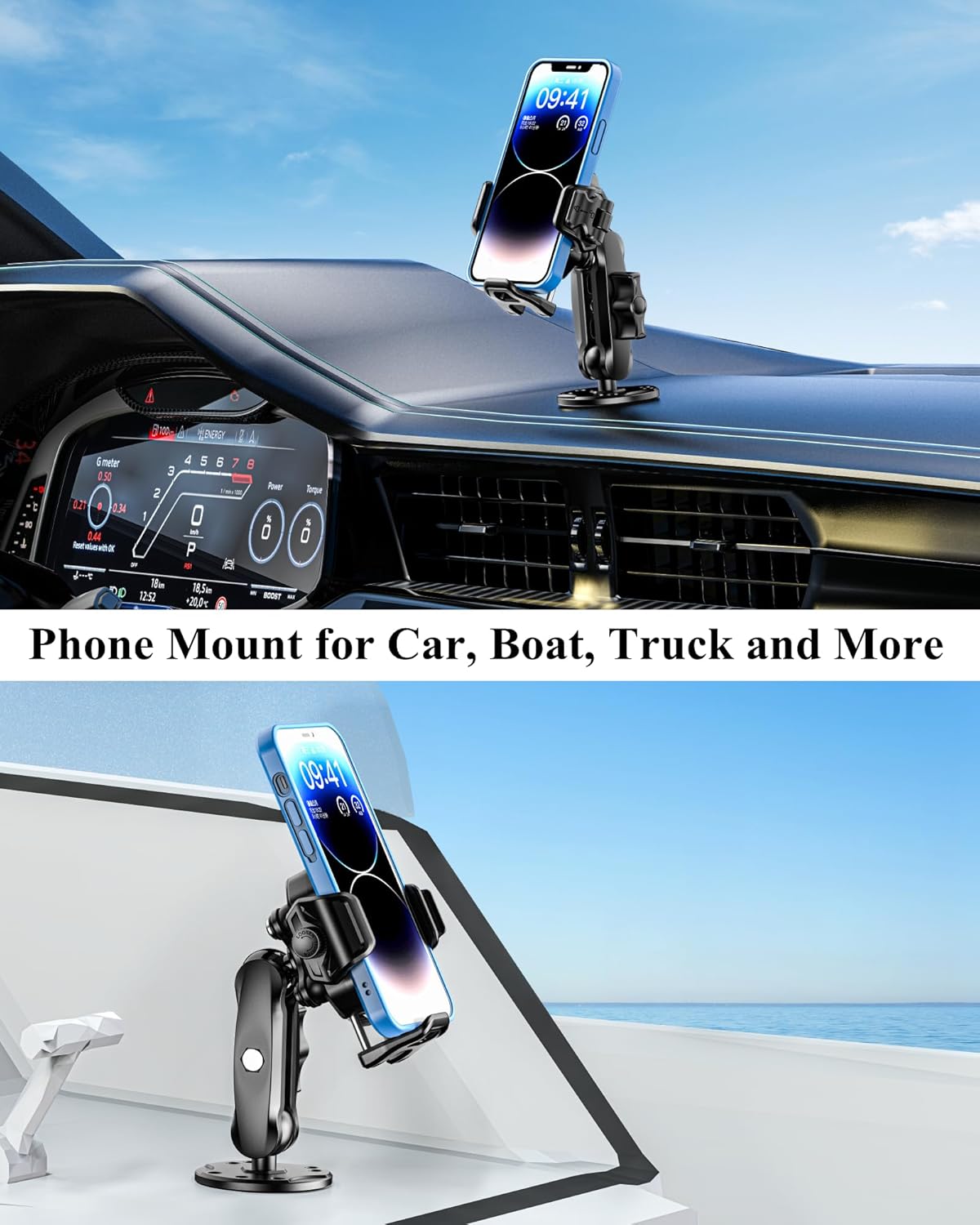 BRCOVAN Anti-Theft Phone Mount Holder with Vibration Dampener [Camera Friendly] [1s Lock & Release] with Aluminum Round Base & Medium Arm, for Car Boat Truck Motorcycle UTV, Fit 5.4-7.2'' Smartphones