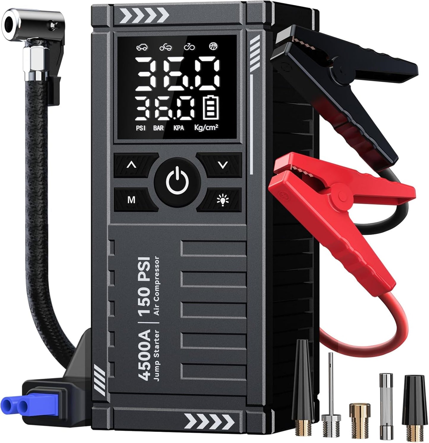Car Battery Jump Starter with Air Compressor - 4500A 150PSI Portable Car Jump Starters (All Gas/9L Diesel) with Tire Inflator, 12V Car Battery Jump Box with Jumper Cables, LCD Display, LED Light