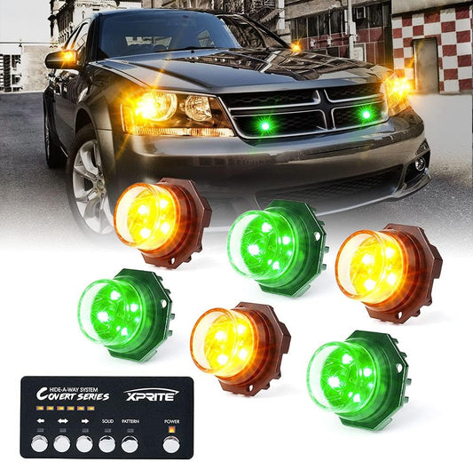 Xprite Amber Green LED Hideaway Strobe Lights Kit 20 Flashing Patterns w/Control Panel Headlights Taillights Fog Marker Light Mounting, for Roadside Emergency Vehicles Trucks SUV Vans 12V Cars 6 PCs