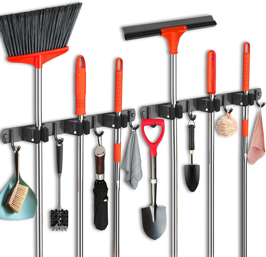 2 Pack Mop and Broom Holder Wall Mount, Upgraded Broom Hanger Wall Mount, Stainless Steel Broom Organizer for Closet Garage Laundry Room Kitchen Wall Decor Black 3R4H