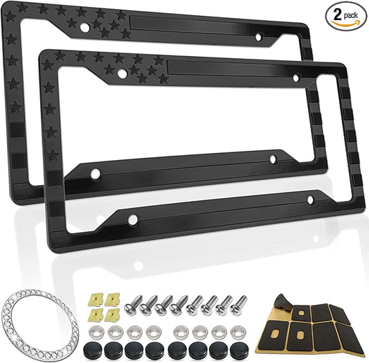 American Flag License Plate Frames- Black Plastic Patriotic Car Tag Holder with Mounting Hardware & Screws Caps，2 Pack 4 Holes for Front Rear