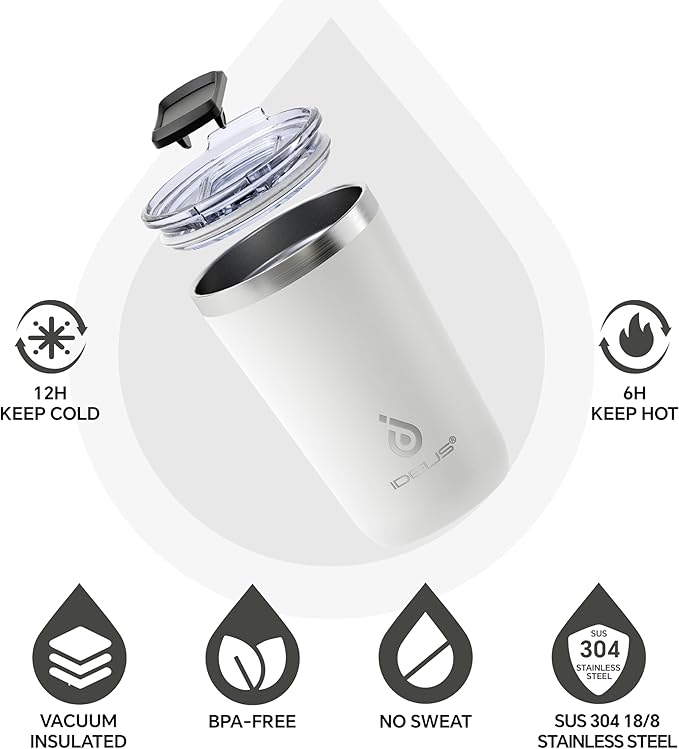 Ideus 20 oz Tumbler, Travel Coffee Mug with Splash Proof Sliding Lid, Double Wall Stainless Steel Vacuum Insulated Coffee Mug for Home and Office, Keep Beverages Hot or Cold, White