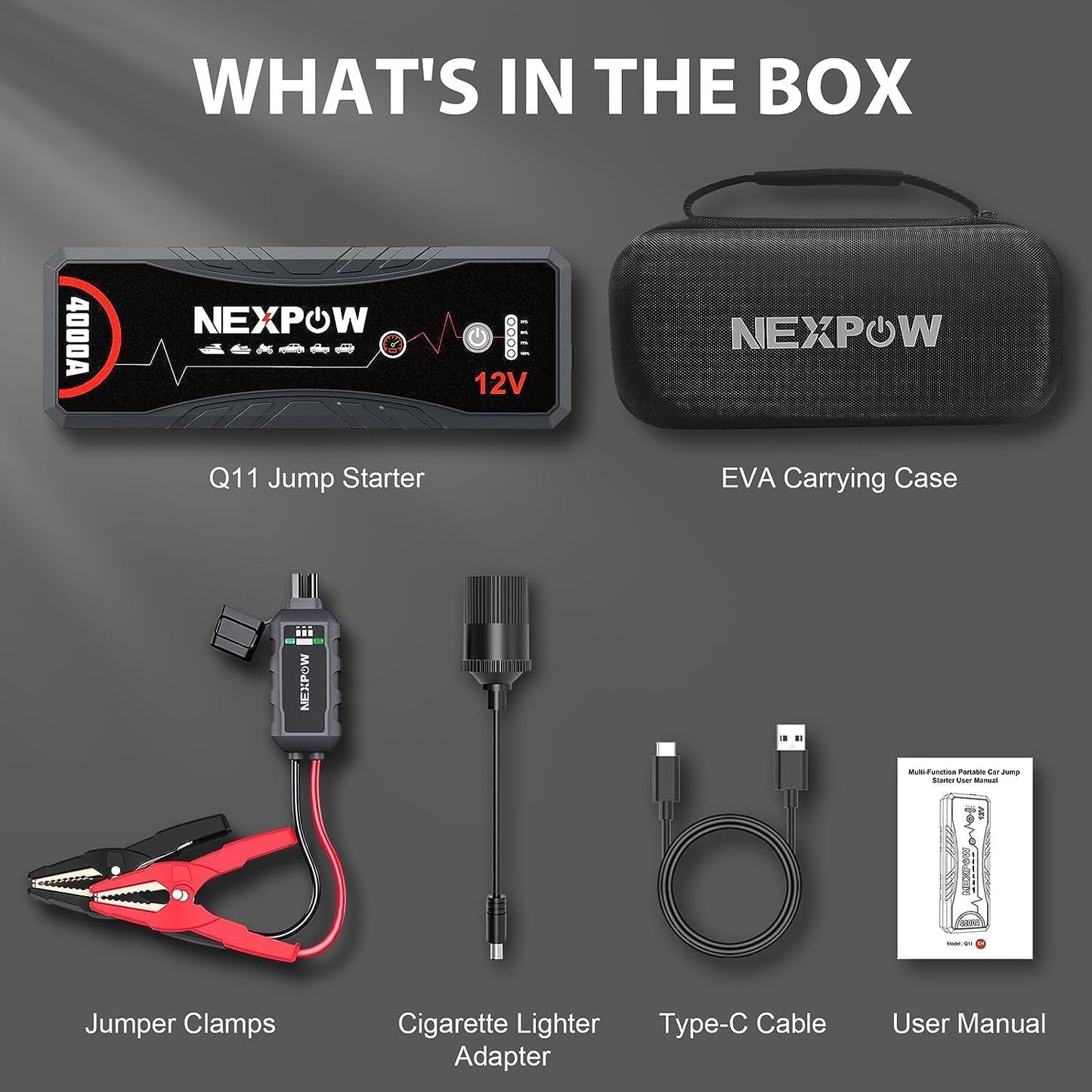 NEXPOW Car Jump Starter 4000A Car Battery Jump Starter Portable Pack for Up to All Gas and 10.0L Diesel Engine 12V Jump Box, Jump Pack, Battery Booster, Portable Jumper Cables with LED Light/USB QC3.0