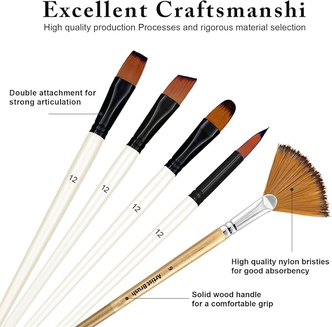 Bougimal 32 Pcs Paint Brush Set, Artist Paint Brushes for Acrylic Painting, Oil, Watercolor, Gouache, with Flat Round Filbert Fan Angle Detail Brush, Suitable for Artists and Beginners(White)
