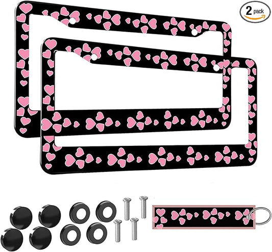 2pcs Pink Love Heart License Plate Frame for Women, Pink Love Hearts car Decorative tag Frames Girly,Beautiful License Plate Cover Holder for Vehicle with Double Sided car Keychain tag