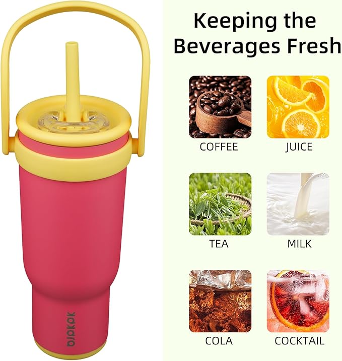 BJPKPK 40 OZ Insulated Travel Tumbler with Handle and Straw, Stainless Steel Water Bottle, Double Wall Vacuum Insulated Mug, for Work, Car, Travel, Rose Pink