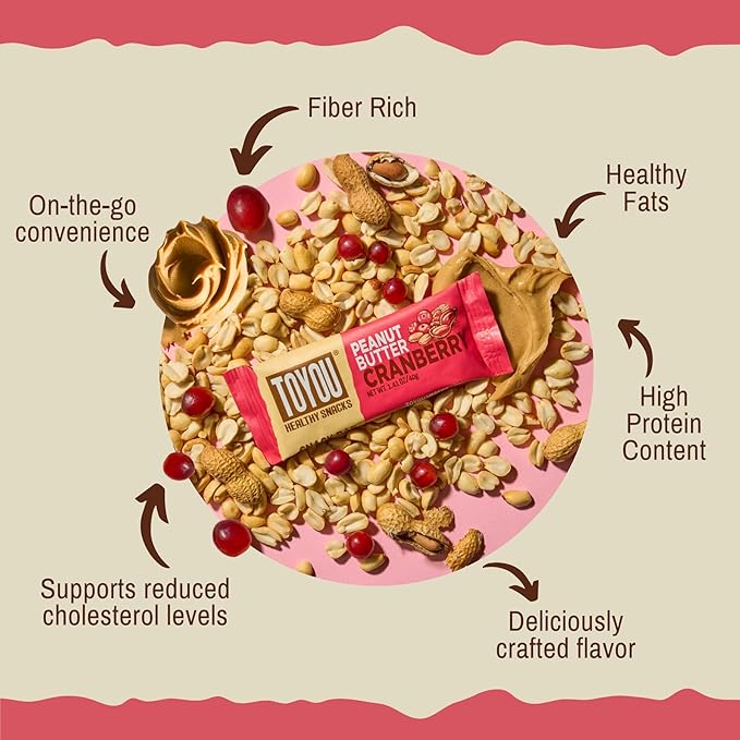 ToYou Chewy Fruit and Nut Bars - Healthy Protein Snacks | Peanut Butter Cranberry - 1.41 Ounce (Pack of 12) | Soft Chewy, Vegan, Fiber-packed Granola Bars for Adults and Kids, Made with Natural Ingredients