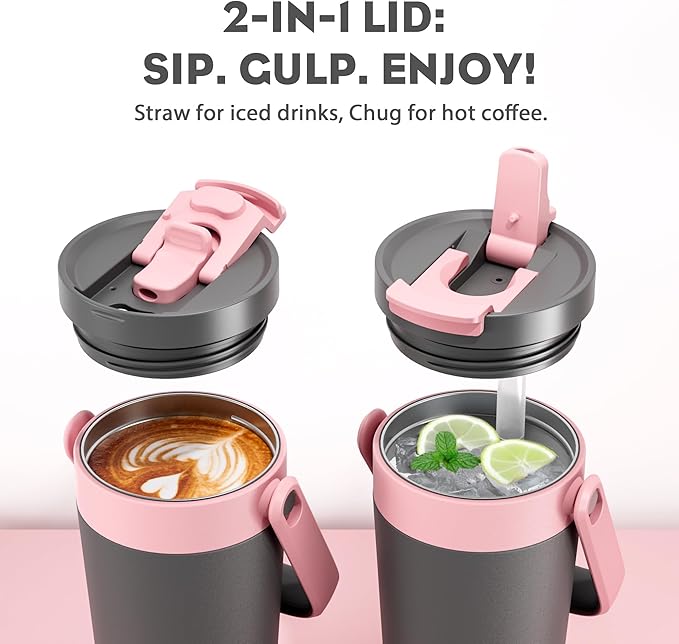 24 oz Insulated Coffee Mug for Work: 2-in-1 Straw Flip Lid, Keep Cold 24H, Fit in Car Cupholder, Leakproof, Stainless Steel Coffee Tumbler with Handle for Home, Travel, Outdoor and Gifts (Rebellion)