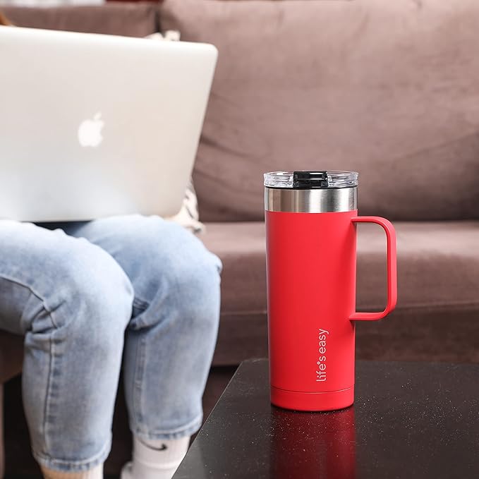 Life's Easy 20oz Stainless Steel Mug w/Handle - Double Wall Insulated Travel Tumbler w/Flip Lid - Leak Proof Tumbler-Thermal Cup for Coffee, Tea & More - Keep Hot & Cold Drinks (Red, 20 oz)
