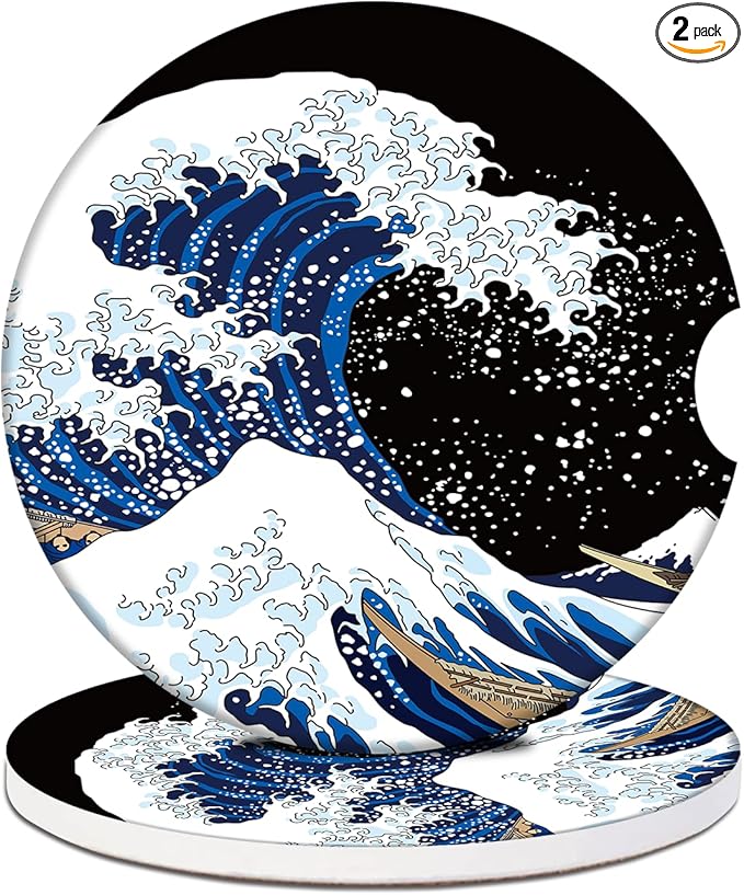 Car Cup Holder Coaster - Black Ocean Wave Absorbent Ceramic Coaster 2 Pack, Car Coasters for Cup Holders, Fashion Car Interior Accessories Drink Coaster for Women & Men