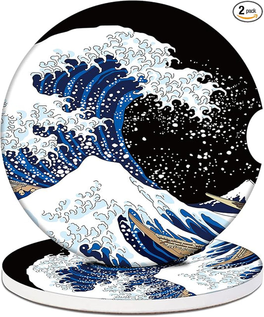 Car Cup Holder Coaster - Black Ocean Wave Absorbent Ceramic Coaster 2 Pack, Car Coasters for Cup Holders, Fashion Car Interior Accessories Drink Coaster for Women & Men