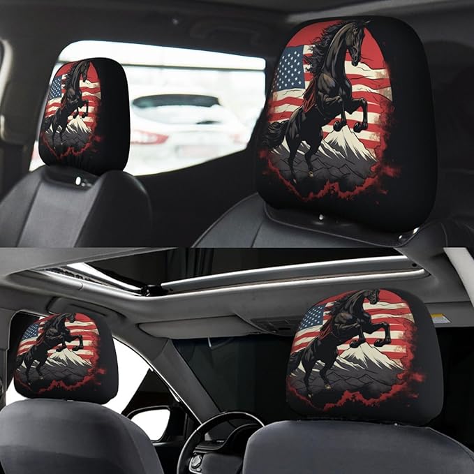 Dujiea 2 Pack Horse Jumping Mountain American Flag Car Headrest Covers, Universal Soft Car Seat Head Rest Cover Protector, Vehicle Accessories Fabric Headrest Cover for Cars Vans Trucks
