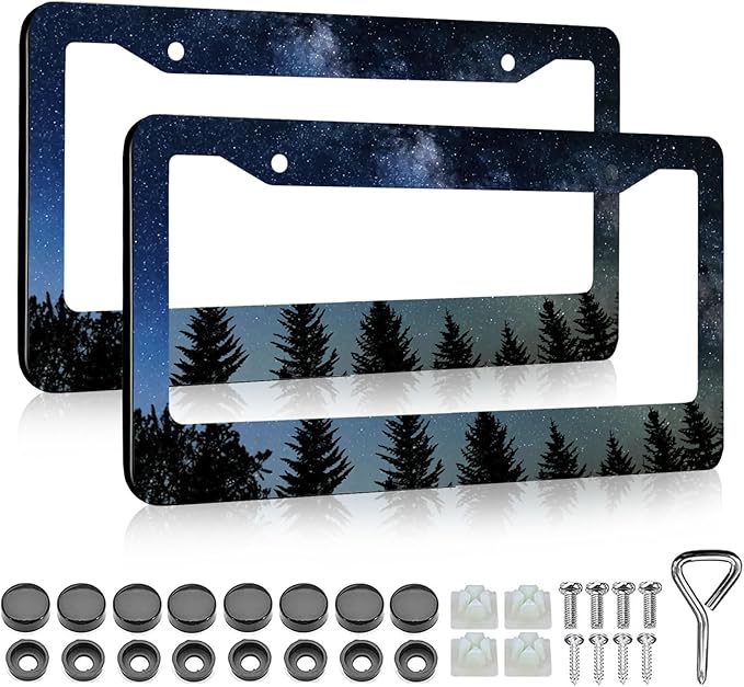 Galaxy Forest License Plate Frame - 2 PCS Blue Galaxy Starry Sky Aluminum Metal Funny License Plate Frames Holder Covers, Rust-Proof Waterproof Car Decorative Tag Frames for Standard US 12x6 Inch