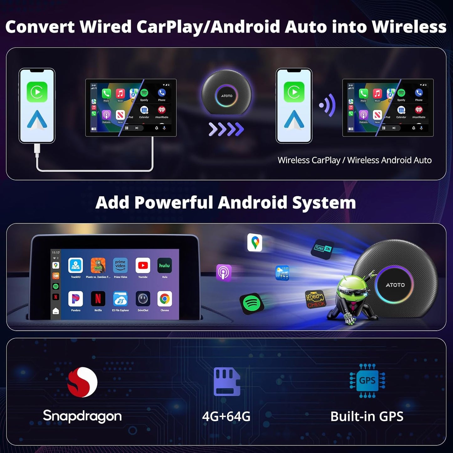 CB6 CarPlay AI Box & Android AI Box, Wireless CarPlay/Android Auto Adapter, Plug & Play CarWave Car Smart Box with AI DriveChat, GPS Track, Android 13, 2 BT, 4G LTE, 4G+64G, Black