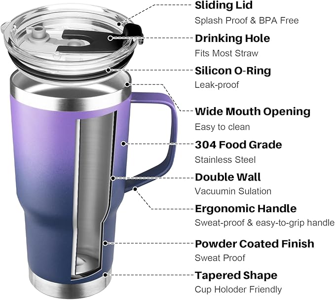 20 oz Tumbler with Handle, Stainless Steel Insulated Tumbler with Lid and Straw, Double Wall Vacuum Insulated Coffee Mug Tumbler,Insulated Coffee Thermal Cup for Cold and Hot(Purple Navy blue)