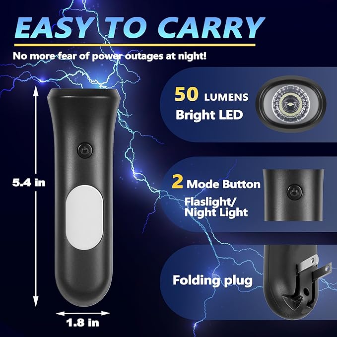 4 in 1 Emergency Lights for Home Power Failure, 2 Pcs Rechargeable LED Flashlight Plug in Wall, Automatic Turn-On Power Outage Night Light Flashlight for Hurricane Preparedness Items