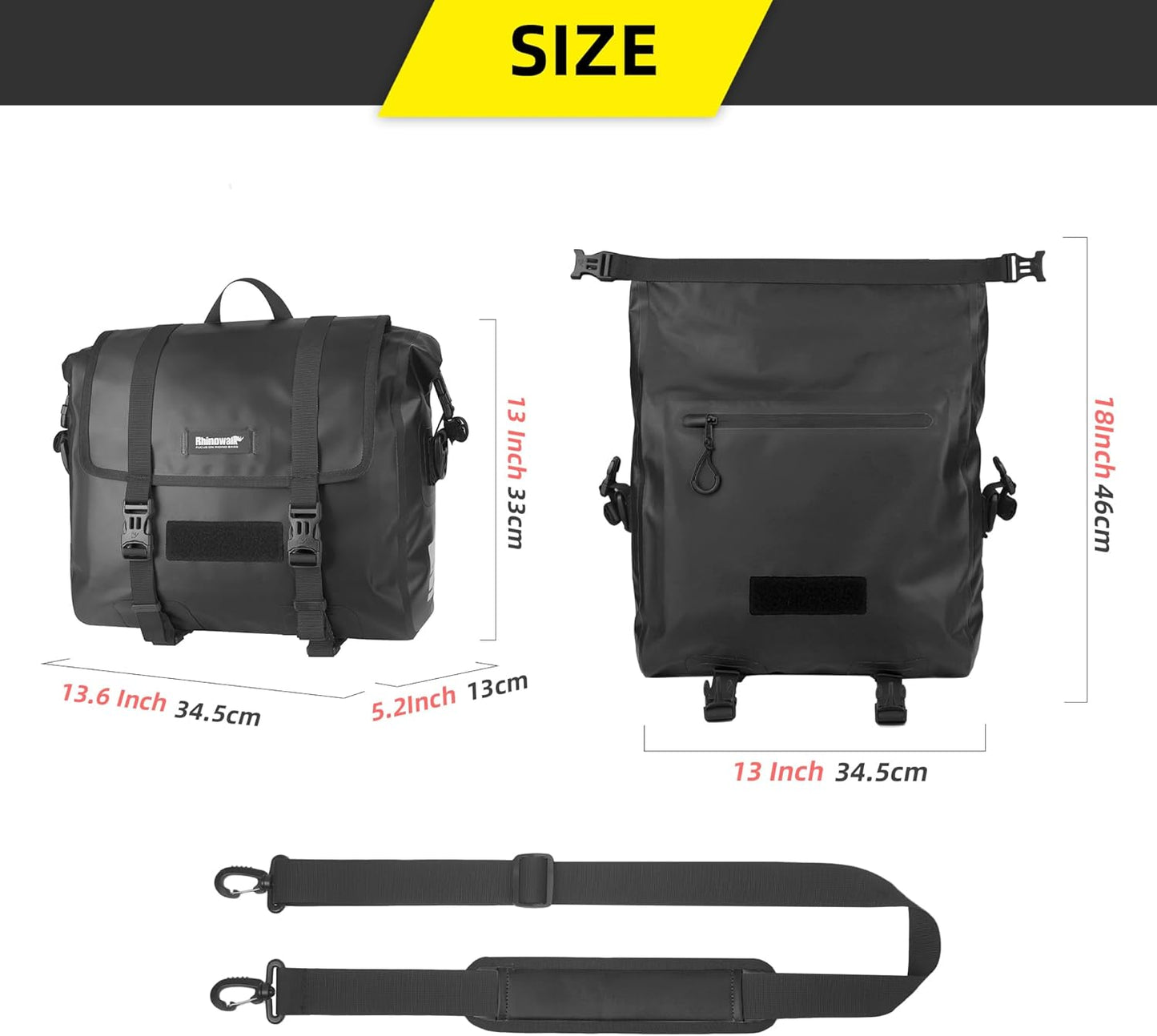 Rhinowalk Motorcycle Saddlebag 15L Waterproof Luggage Bag Quick Release Motorcycle Side Bag Fits Most Adventure and Sports Bike Motor Racks (Black, 1 Pack)