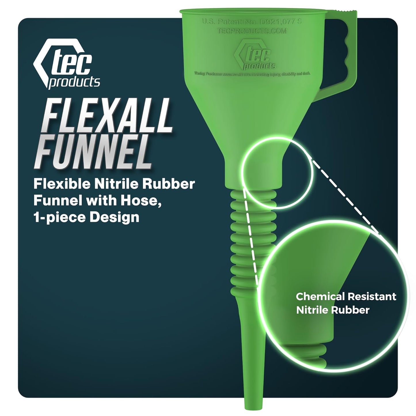 FlexAll Long Flexible Funnel for Automotive Use - Durable Nitrile Rubber - Ideal for Car Oil Change, Transmission Funnel Fluid, Diesel, Fuel, Gas - Made in USA - Green (16 x 5 Inches)