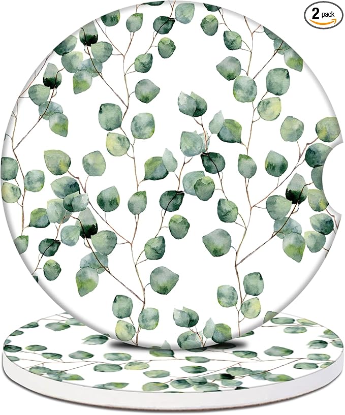 Car Cup Holder Coaster - Eucalyptus Round Green Leaf Absorbent Ceramic Coaster, Car Coasters for Cup Holders, Auto Accessories for Women & Men, Pack of 2