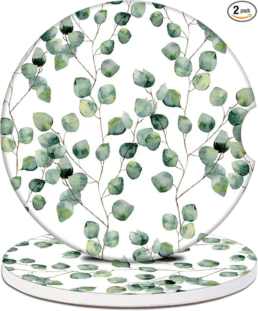 Car Cup Holder Coaster - Eucalyptus Round Green Leaf Absorbent Ceramic Coaster, Car Coasters for Cup Holders, Auto Accessories for Women & Men, Pack of 2