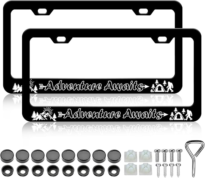 Adventure Awaits License Plate Frames - 2 PCS Personalized Mountain Camping Aluminum Metal License Plate Frames Holder, Car Decorative Tag Frames with Screws Fasteners Caps