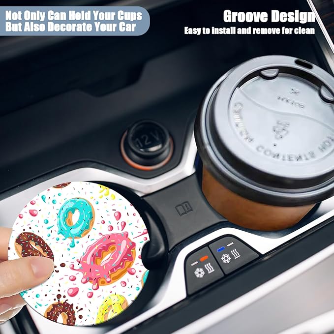 Car Cup Holder Coaster - Sweet Donuts Absorbent Ceramic Coaster 2 Pack, Car Coasters for Cup Holders, Fashion Car Interior Accessories Drink Coaster for Women & Men