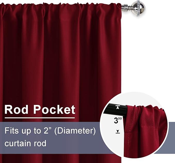 JIUZHEN Christmas Blackout Curtains for Bedroom - Thermal Insulated Room Darkening Rod Pocket Curtains for Living Room, Set of 2 Panels with Tiebacks, 38 x 45 Inch Length, Red