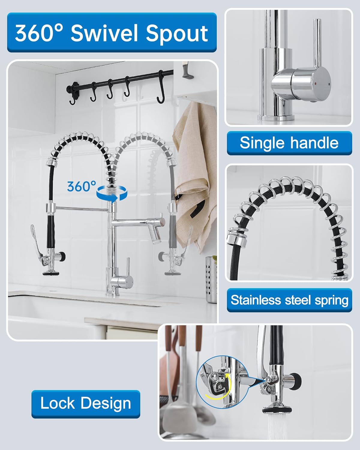 Fapully Kitchen Faucet with Pull Down Sprayer,Commercial Single Handle Kitchen Sink Faucet with LED Light Chrome