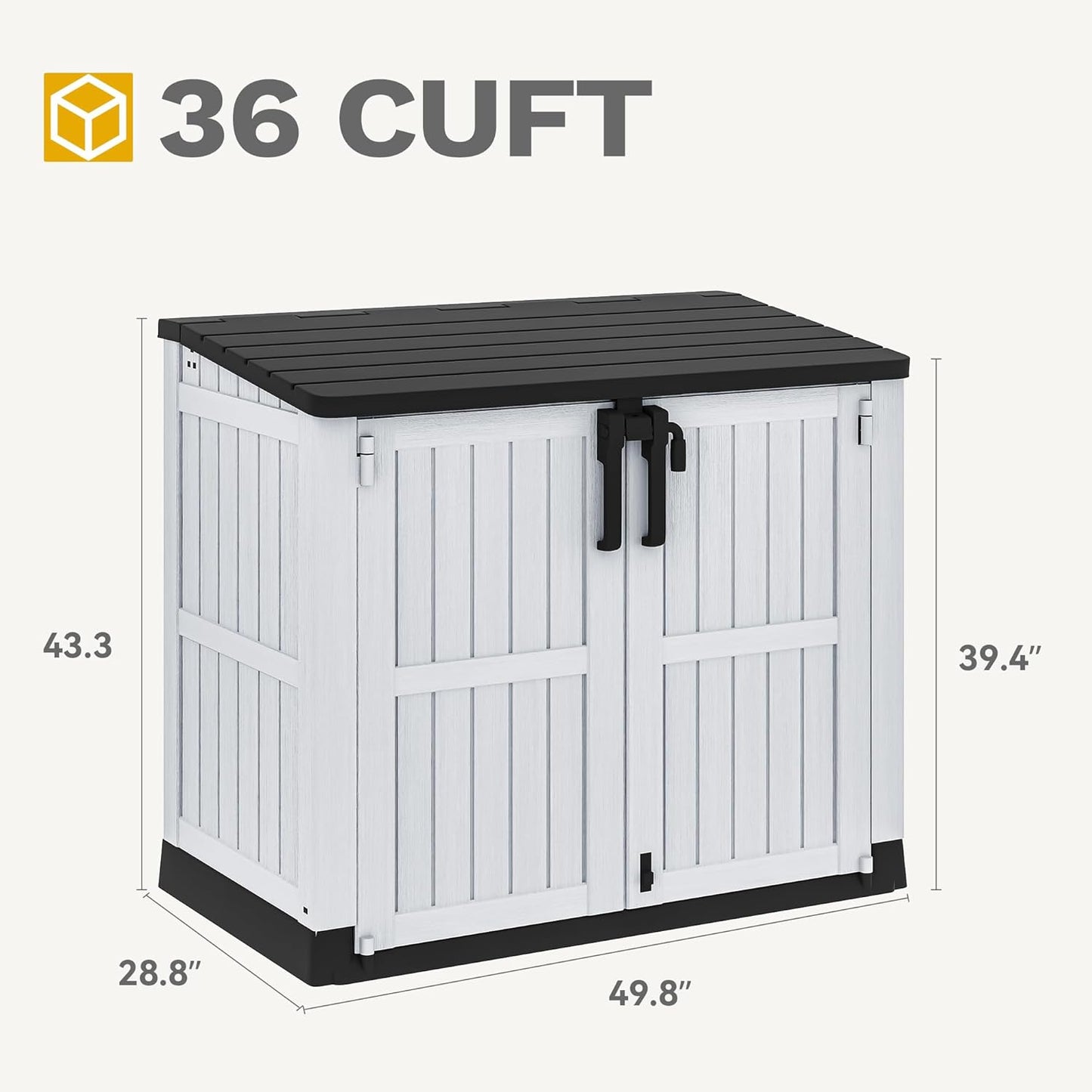 DWVO 36 cu ft Tool Storage Shed, Storage for Bakcyard, Patio, and Garden, Resin Plastic Shed with Sloped Lid, Lockable Door, and Wood Grain Finish, Light Gray