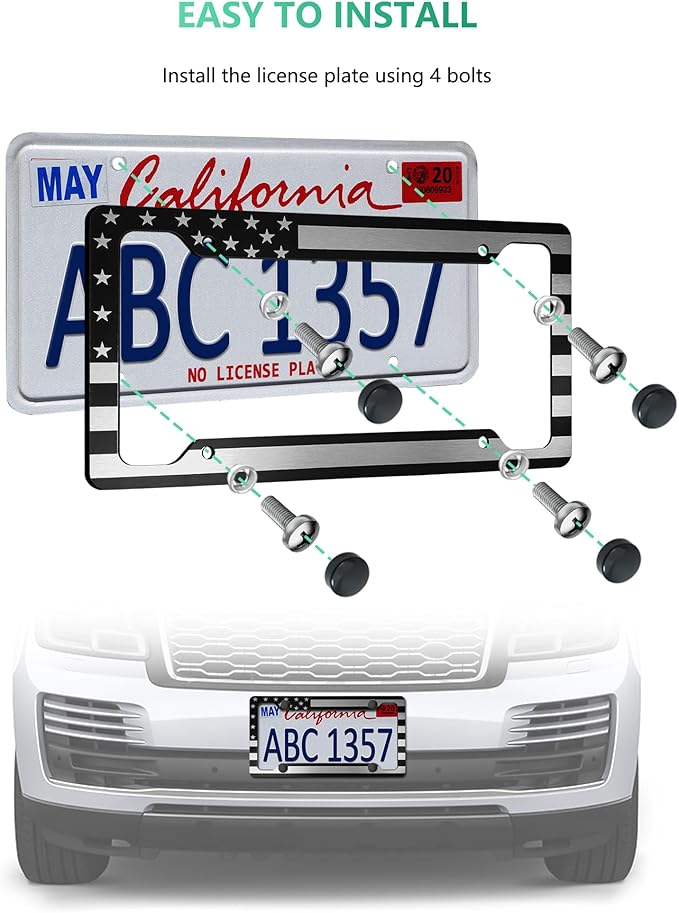 American Flag License Plate Frame- Black Front Rear Patriotic USA ‌Car Tag Frames, 2 Pack Heavy Duty Brushed Aluminum Plastic Composite Holder with Screws Caps