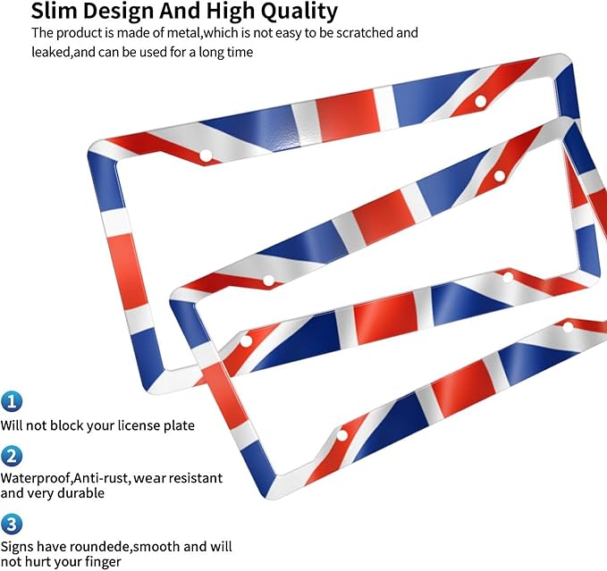 British UK United Kingdom Flag License Plate Frame - 1 Pack Aluminum Metal Union Jack License Plates England License Plate Holder Novelty Auto Car Tag Universal US Canadian for Car with 4 Holes