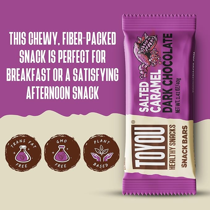 ToYou Chewy Fruit and Nut Bars - Healthy Protein Snacks | Salted Caramel Dark Chocolate - 1.41 Ounce (Pack of 12) | Soft Chewy, Fiber-packed Granola Bars for Adults and Kids, Made with Natural Ingredients
