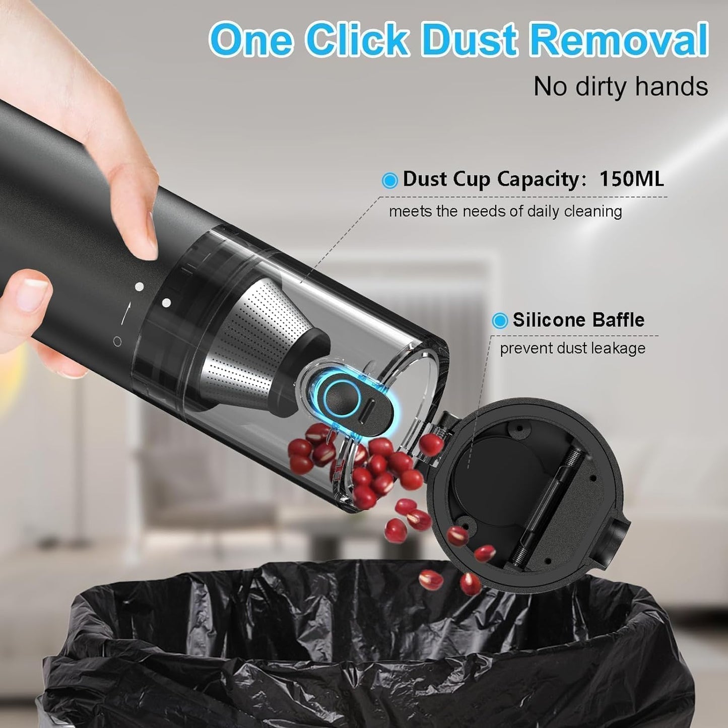 Handheld Vacuum Cordless, 16000pa Car Vacuum Cleaner High Power, 2 Speed Modes Mini Vacuum Cleaner with 2 Filters, Car Vacuum Portable Cordless with Air Blower for Home Office Pet Hair