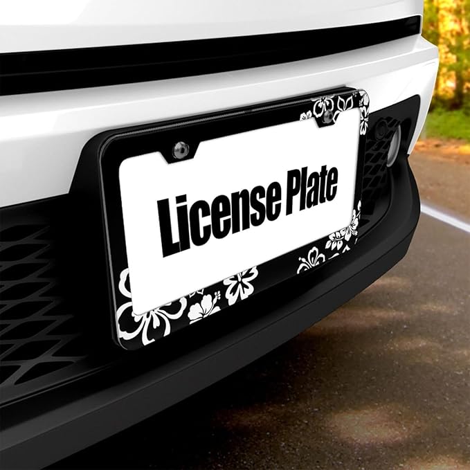 Black White Cherry Blossoms License Plate Frame, Floral Flowers Aluminum License Plate Holder, Women License Plate Decorative 2 Holes & Screws, 6 X 12 in